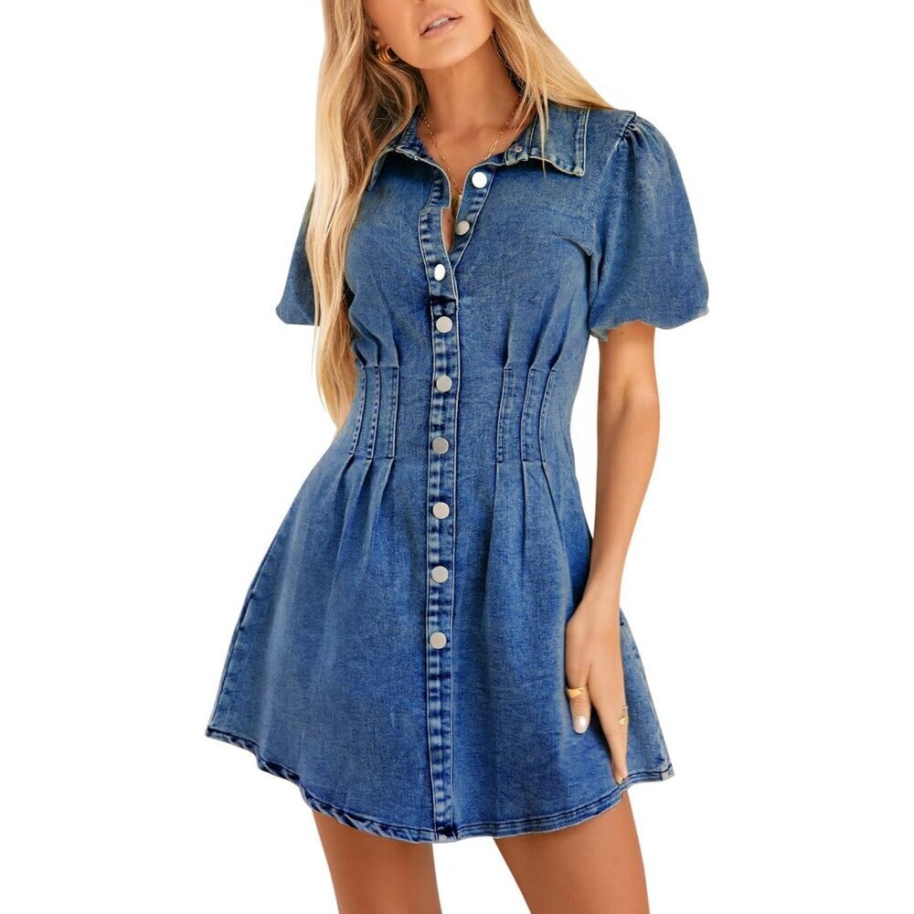 Denim Dress Women Puff Sleeve Slim Fit Casual Summer Blue Size Medium